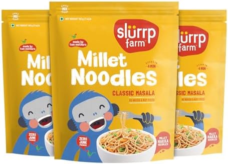 Slurrp Farm No Maida Millet Noodles | Not Fried, No MSG | Classic Masala Millet Noodles Pack of 3-192g Each