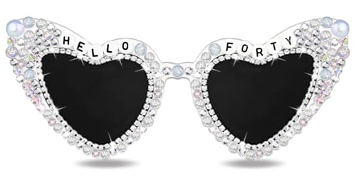 40th Birthday Glasses for Women, HELLO FORTY Sunglasses White 40 Years Old Glasses for Happy Birthday Gifts Bday Deocr