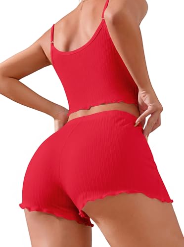Image of Hilinker Women's 2 Piece Sexy Pajama Set Ribbed Cami Top and Shorts Sleepwear Cute Pjs Solid Red X-Large