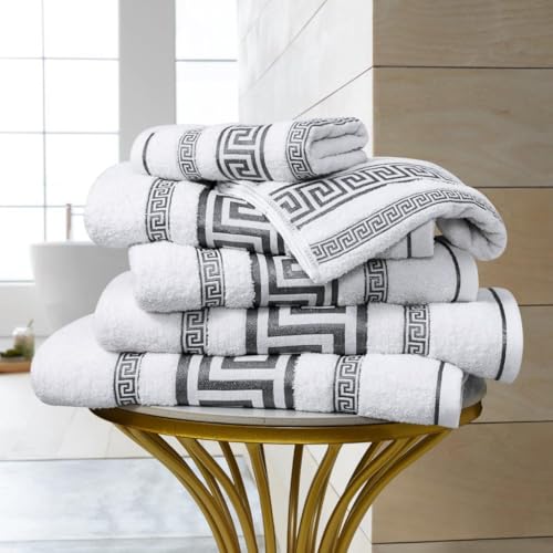 JoyCub Luxury Towel Set – 3x Hand Towels, 3x Bath Sheets & 2x Jumbo Bath Sheets | Soft Cotton | Greek Key Design | Quick Dry & Highly Absorbent | Bathroom Towel (White, 3x Hand Towel: 50 x 85 cm) - Cosy Home Interiors JoyCub Luxury Towel Set – 3x Hand Towels, 3x Bath Sheets & 2x Jumbo Bath Sheets | Soft Cotton | Greek Key Design | Quick Dry & Highly Absorbent | Bathroom Towel (White, 3x Hand Towel: 50 x 85 cm) - Image 4