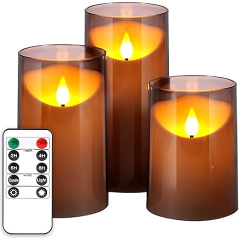 NURADA Flameless Candles with Remote Timer: 3D Wick Battery Operated Led Pillar Candle Unbreakable Acrylic Fake Candle Set for Home Decoration Romantic Ambiance - Grey 3 Pack Cover