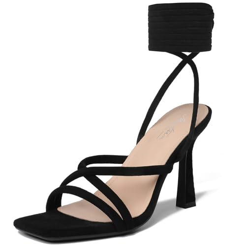 Image of Mostrin Womens Sandals Strappy Heels for Women Lace Up Square Open Toe Heels Tie Up High Heeled Sandals for Prom, Party, Daily Wear