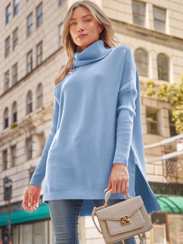 Image of LILLUSORY Women's Turtleneck Oversized Sweaters Long Batwing Sleeve Spilt Hem Tunic Pullover Knit Tops