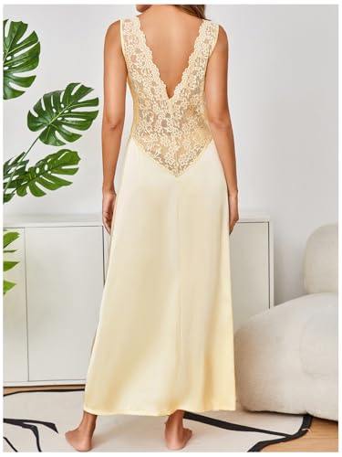 Image of WDIRARA Women's Satin Sleepwear Nightgown | Lace, Backless, Deep V Neck, Sleeveless, Long