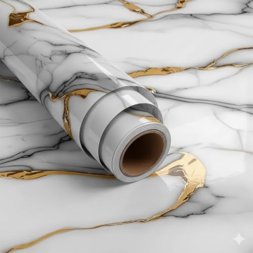 Image of VKR Premium Self Adhesive Waterproof Wallpaper | Peel & Stick Vinyl Furniture Covering for Kitchen Counter, Wardrobe, Table & Shelf Decor (White & Golden, Pack of 1)