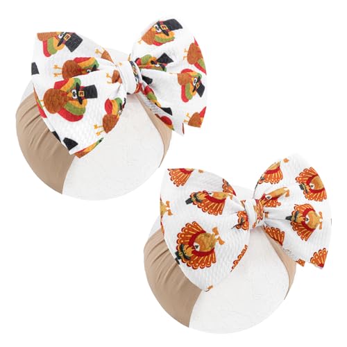 Lanmerry Thanksgiving Fall Baby Girl Bows Turkey Headbands for Baby Girls Waffle Knotted Bows Handmade Infant Headbands 2PCS Autumn Holiday Gifts