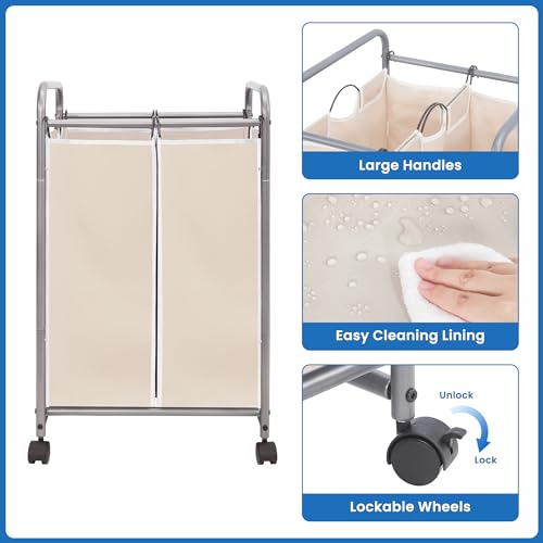 Image of STORAGE MANIAC Laundry Sorter 2 Section, 90 L Gal Laundry Hamper with Wheels, Clothes Basket Separator Sorter, 2 Bag Cart and Removable Bags for Closet, Dorm, Collage, Beige