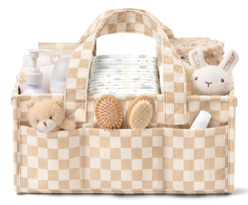 Image of Corduroy Baby Diaper Caddy Organizer with Handles, Nursery Storage Basket