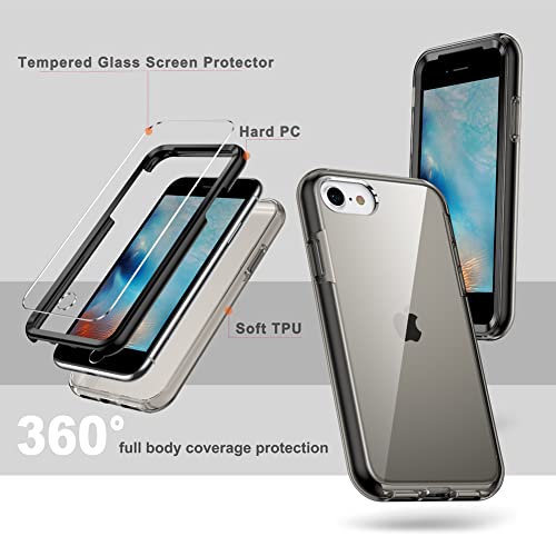 Coolqo Compatible For Iphone Se 2022/2020 Case 4.7 Inch, With [2 X Tempered Glass Screen Protector] Clear 360 Full Body Coverage Soft Silicone + Hard Pc 3In1 Shockproof Protective Phone Cover Black #TOP3