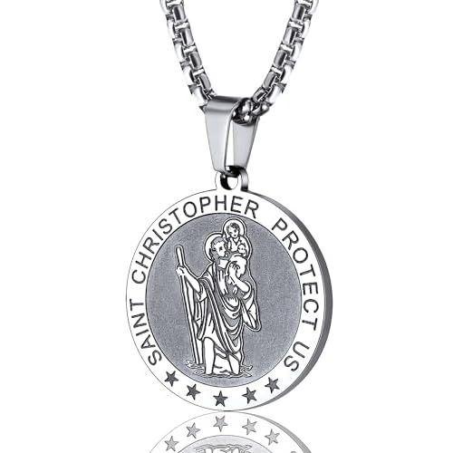 PROSTEEL Saint St Christopher/Benedict/Michael Medal Necklace for Men, 316L Stainless Steel Protection Necklace Catholic Jewelry, 22"-24" Adjustable, Come with Box Silver 5. Saint Christophe