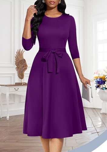Image of Casual Dresses for Women Midi Church A-Line Fit and Flare Dress Crewneck 3 /4 Sleeve Party Dress