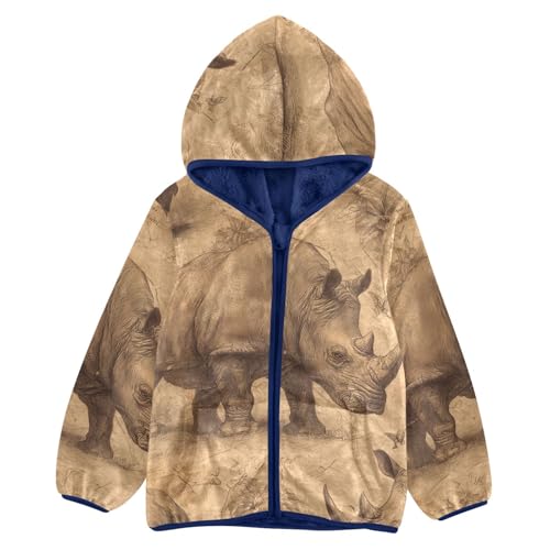 Rhino Pattern Print Toddler Fleece Jacket Girl Boys Hooded Fleece Jacket Coat Warm Outwear Zip-up 3-10T