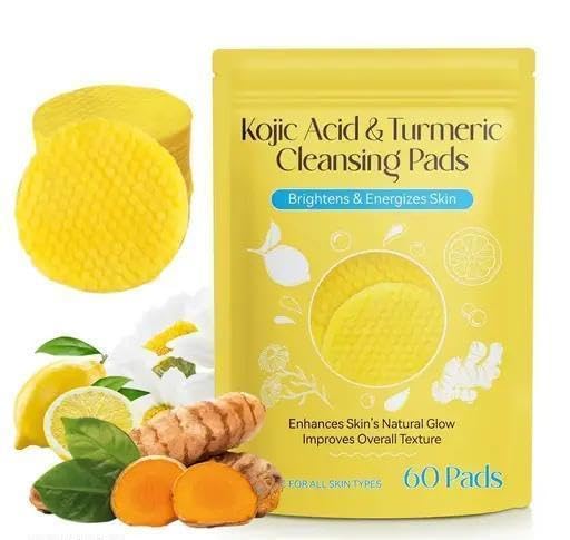 Kojic Acid & Turmeric Face Cleansing Pads for Dark Spots, Skin Brightening & Acne Prevention Vitamin B5, Vitamin C, Turmeric Infused Foaming Exfoliating Pads, For Women & Men (Pack of 1 (60Pcs))-image-3