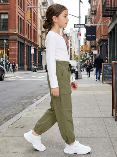 Image of JiAmy Girls Cargo Pants Elastic High Waist Drawstring Pants Jogger Trousers Casual Loose with Pockets 6-14Y