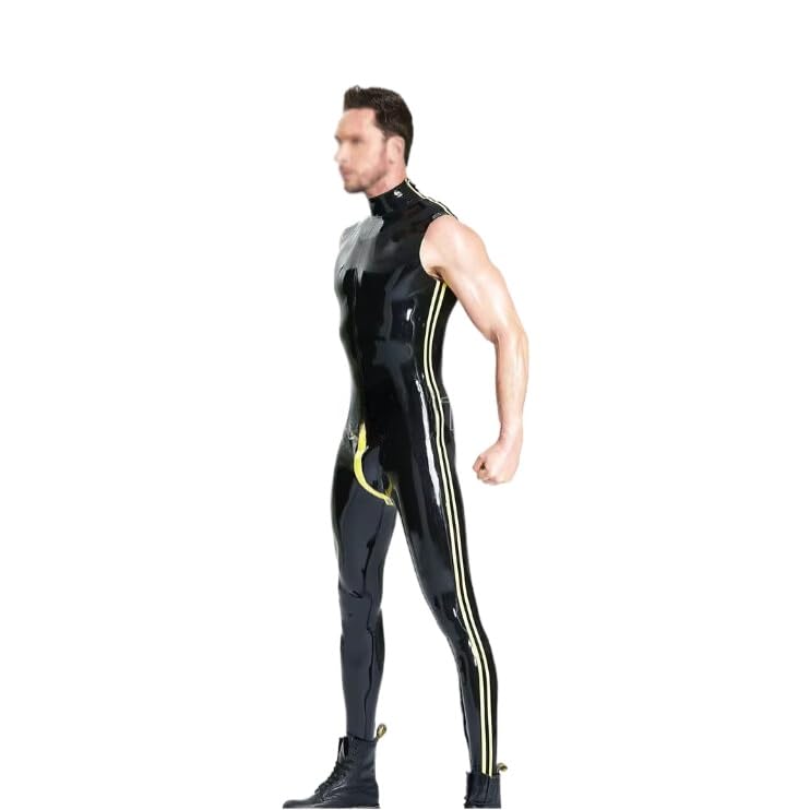 Latex Bodysuit Männlich Neuheit Codpiece Catsuit Cosplay Club Tragen Overall W Schulter Reiß Verschluss Schwarz W Gelb Trim