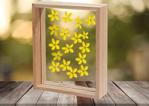 Image of Desi Rang Wooden Rectangular Frame For Wall Decor Table Top Hanging Any Green Or Dry Plant Leaf Picture Photo DIY Gift Home Decoration (Natural,Rec,8X12 Inch,With Yellow Flower)