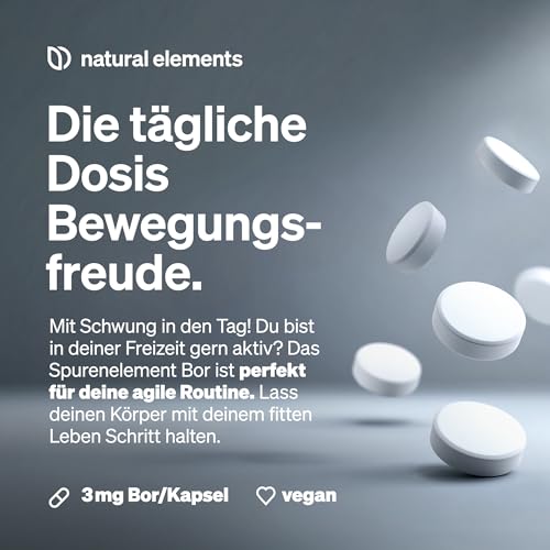 natural elements Reines Bor – hochdosierte 3 mg Boron pro Tablette – 365 Tabletten – vegan, natürlich, laborgeprüft & in Deutschland produziert 3