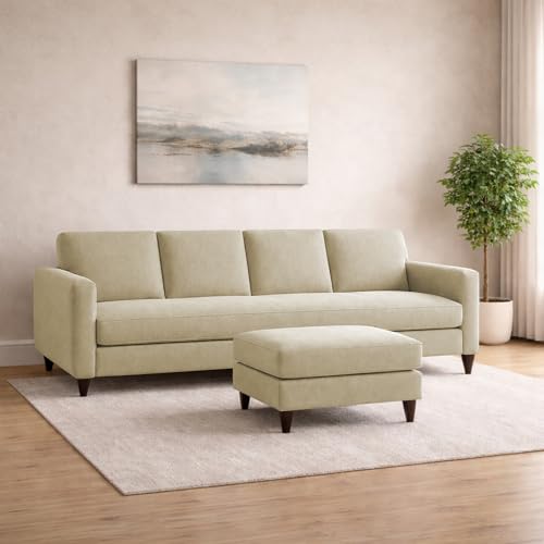 Image of Carlos 5-Seater Sofa Set with Ottoman (Cream Colour) | Premium Fabric Modern Sofa for Living Room, Home & Office | Stylish Comfortable Furniture for Hall & Lounge