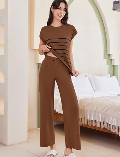Image of Ekouaer Striped Lounge Set 2 Piece Sweater Matching Outfits Travel Knit Clothing Sets for Women