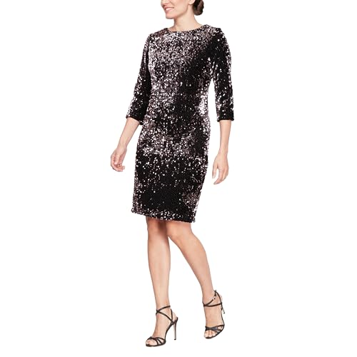 S.L. Fashions Women's Short Sequin Velvet Sheath Cocktail Dress with 3/4 Sleeves, Wedding Guest, Party Gown, Black/Rose Gold, 14