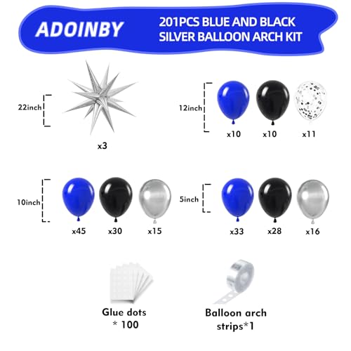 Image of Blue and Black Balloon Arch Kit, 201Pcs Explosion Star Royal Blue Metallic Sliver Black Balloon Garland kit, Different Size Balloons for Anniversary Birthday Graduation Prom Party Decorations