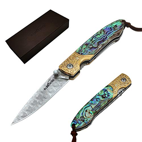 ALBATROSS Pocket Knife Abalone Seashells 7'' Modern Damascus Steel Knife Cupronickel Connector Liner Lock Folding Knife Gift Box - HGDK012B
