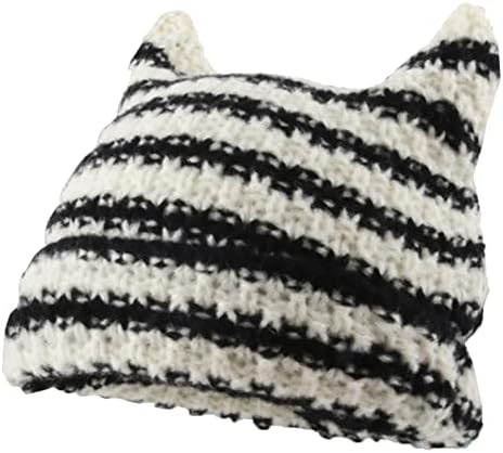 Women Striped Beanie Hat with Little Devil Horn Winter Warm Cap Cute Cat Ears Knitted Hat Fall (Black and White)