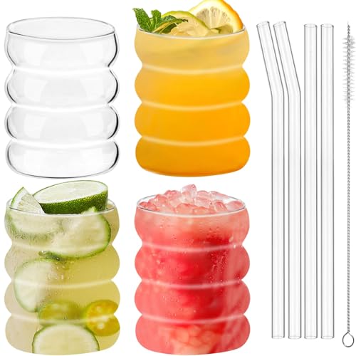 YIRUIEU 4 Stück Gerippte Trinkgläser mit Glasstrohhalmen 350ML Bubble Gläser Matcha Glas mit Strohhalm Kaffeegläser Gerippte Eiskaffee Gläser für Cocktails Whiskey Tee Soda Kaffee