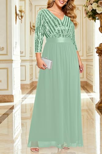 Image of Plus Size Formal Dresses V Neck 3 /4 Sleeve Sequin Prom Evening Maxi Dress | Sequin fabric, V neck 3 /4 sleeve design, plus size formal prom wedding guest evening dress