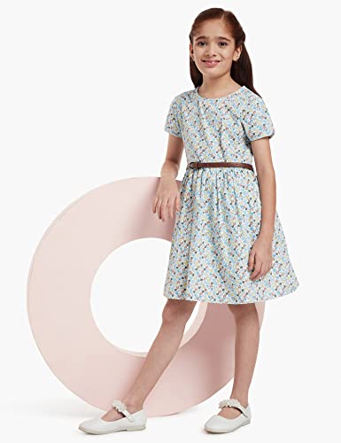 Image of Amazon Brand - Jam & Honey Girl's 100% Soft & Pure Cotton Comfortable and Stylish Printed Woven Dress with Short Sleeves and Belt - Perfect for Every Occasion