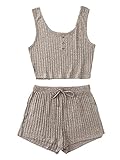 SheIn Women's 2 Piece Sleeveless Button Crop Tank Tops and Shorts Lounge Set Khaki Small