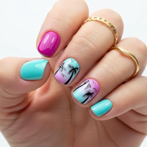 Short Square Press on Nails Spring Summer Fake Nails with Tropica...