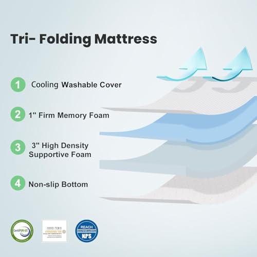 SINWEEK Memory Foam Folding Mattress, 4 Inch Foldable Trifold Mattress Topper, CertiPUR-US Certified Guest Bed with Cooling Cover & Waterproof Lining