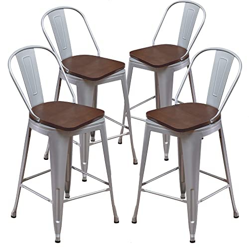 Image of Aklaus Swivel Metal Bar Stools with Backs Counter Stools Set of 4 Counter Height Stools High Back Bar Chairs 24 Inches Barstools Farmhouse Silver