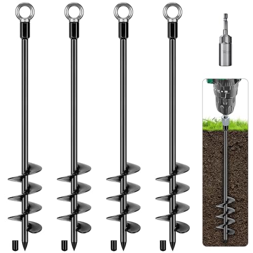 BeneLabel Tent Peg Heavy Duty, 61cm Ground Anchor Screw Trampoline Stake 4pcs Metal Earth Sand Spiral Wind Storm Spike for Swing/Camping/Shed/Dog/Carport/Canopy with Fixed Ring, Black
