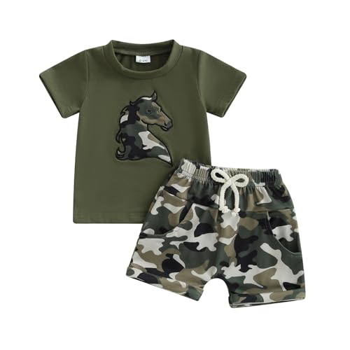 Image of Kodaruber Western Toddler Baby Boy Clothes Short Sleeve T Shirt Elastic Waist Shorts Set Cowboy Outfit Summer Clothing(Horse Army Green,0-6 Months)