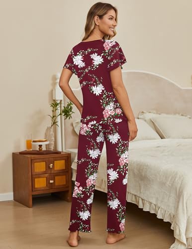 Image of Ekouaer Pajama Sets Womens Short Sleeve Sleepwear Long Pants Pjs 2 Piece Lounge Set Soft Nightwear S-XXL