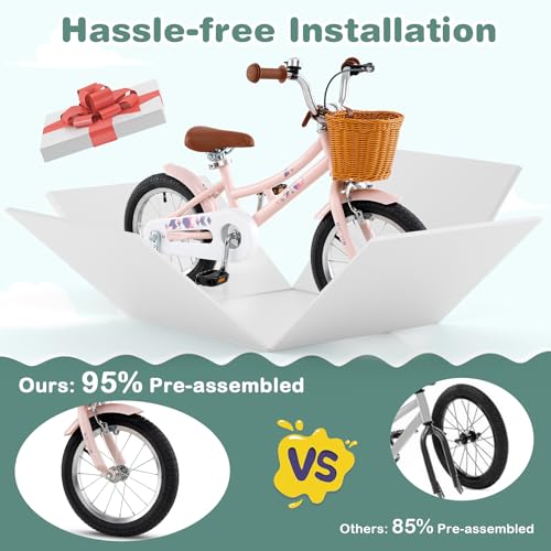 Image of BABY JOY Retro Kids Bike, 12 14 16 18 Inch Child Bike for 3-8 Years Old w /Rattan Basket, Adjustable Height, Training Wheels, Fenders, Handbrake Coaster Brake, 95% Pre-Assembled Kids Bicycle for Girls