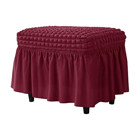 GAWEKIQE High Stretch Seersucker Fabric Ottoman Slipcovers Footstool Cover with Skirt Rectangle Modern Furniture Protector for Home Decor Bedroom Living Room Balcony (Wine Red) Cover