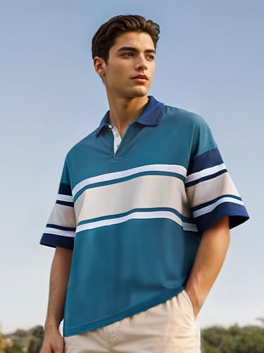 Image of The Souled Store Solids: Ocean Blue Colourblock Mens Oversized Fit Solid Half Sleeve Cotton Multicolored Oversized Polos