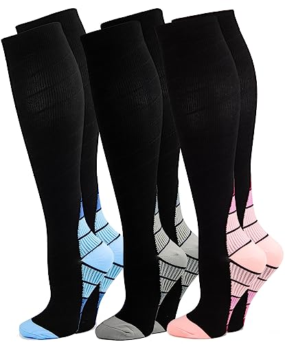 Kuzimua 3 Pares Calcetines/Medias de Compresión para Hombres y Mujeres, Running, Deporte, Correr, Senderismo, Volar, Viajar, Varicosas, Embarazo y Médicos (M, Mezcla02)