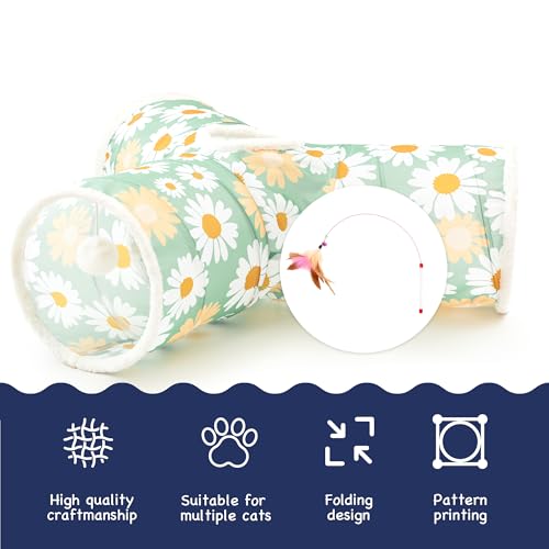 Image of Tempcore Cat Tunnel for Indoor Cats, 3 Way Collapsible Pet Play Tunnel with Teaser Wand, Peek Holes & Hanging Ball, Interactive Tube for Kittens & Rabbits, Daisy Green Printed
