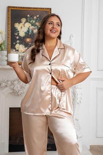 Image of Vozanet Women's Button Down Satin Pajama Sets Silky Short Sleeve Top & Pants Plus Size Loungewear Classic Sleepwear XL to 5XL