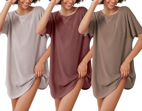 Ekouaer 3 Pack Women's Nightgown Waffle Knit Short Sleeve Sleepshirts