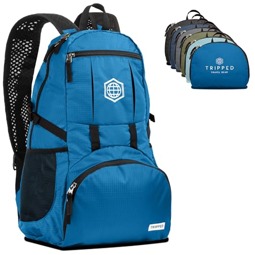 TRIPPED Travel Gear Traveling Backpack- Foldable Collapsible Lightweight Backpack for Travel (Light Blue) 35 liters