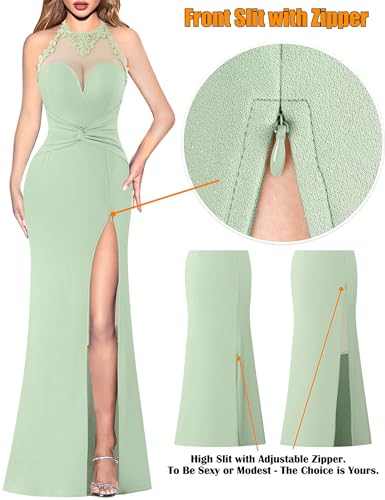 Image of VFSHOW Womens Formal Halter Keyhole Back Prom Gala Maxi Dress Evening Gown | Sexy Illusion Sweetheart Neck, High Slit, Wedding Guest, Applique, Twist Front Mermaid Dresses