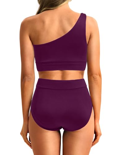 Image of Holipick Women One Shoulder High Waisted Bikini Sets Two Piece Swimsuit Tummy Control Bathing Suit Full Coverage Swimwear