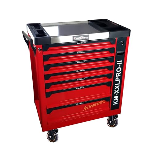 Servante d'atelier Kraft Muller KM-XXL Pro II Tools - 257 Outils - Clé Dynamo - 7 tiroirs, 1 Coulissant, roulettes, Black Red