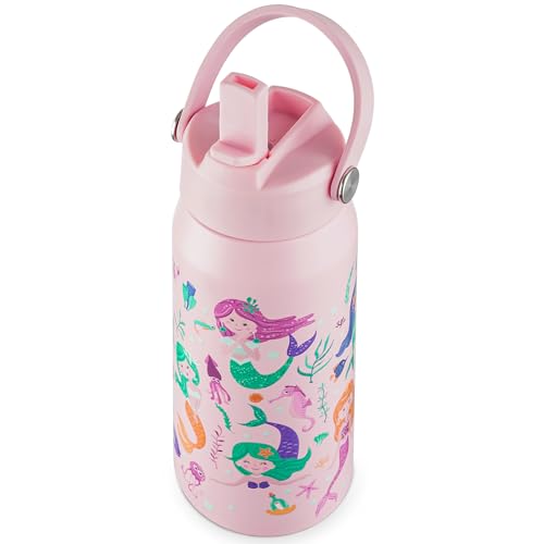 OLDLEY kids Water Bottle - 18oz Insulated Stainless Steel - Wide Straw Lid Non Spill Leakproof Kids Water Bottle for School Mermaid