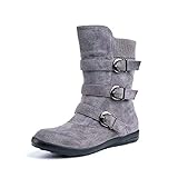  Botas Mujer Invierno Calentar Piel Forro Planos Botines Nieve Ante Botita Medianas Ankle Boots Antideslizante Elásticos Comodos Gris 37